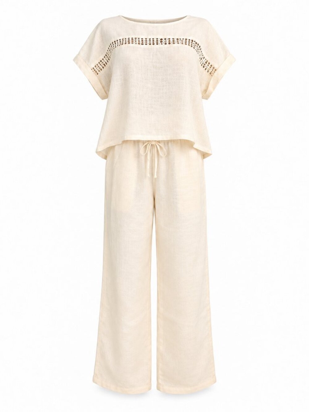 White Crochet Trim Top Wide Leg Pants Set New M